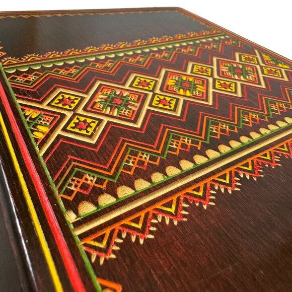 Carved Wooden Box Purse Chain Handles Fabric Lined Vintage Tiki Boho Hippie - Picture 9 of 9